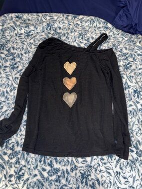 SHEIN Black Long Sleeve Top with Gold, Tan, and Silver Heart Accents